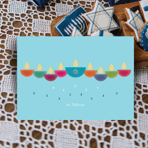 Hanukkah Card Colourful Oil Lamp Menorah   Sky Blu