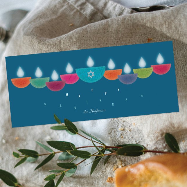 Hanukkah Card | Colourful Oil Lamp Menorah | Teal (Creator Uploaded)