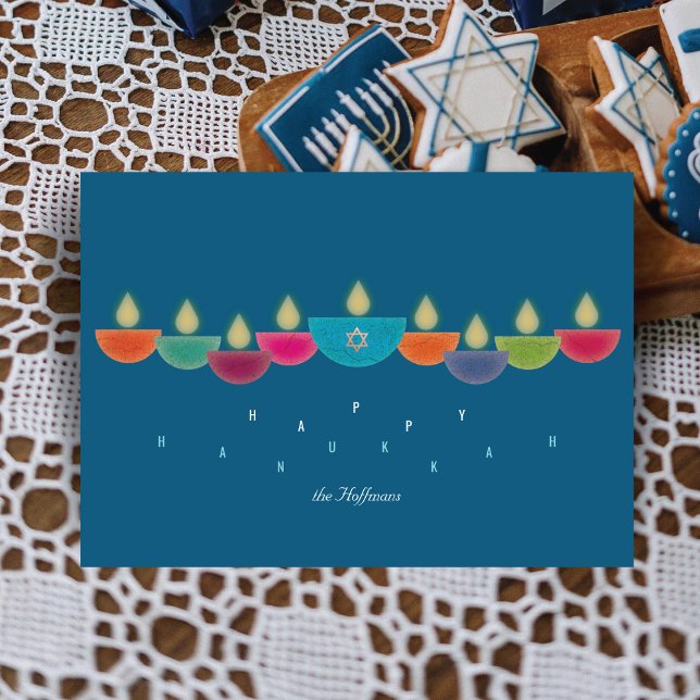 Hanukkah Card | Colourful Oil Lamp Menorah | Teal (Creator Uploaded)