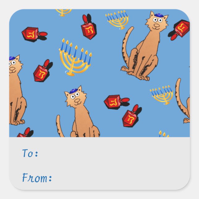Hanukkah Cat Dreidel Blue Gift Tag Sticker (Front)