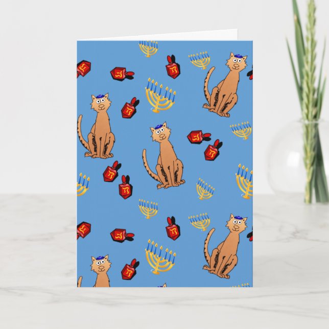 Hanukkah Cat Dreidel Blue Holiday Card (Front)