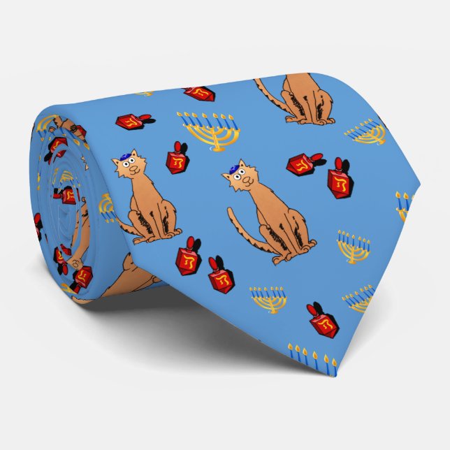 Hanukkah Cat Dreidel Blue Tie (Rolled)