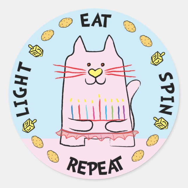 Hanukkah CAT Stickers "Light, Eat, Spin, Repeat" (Front)