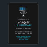 Hanukkah Celebration with Silver Menorah on Black Invitation<br><div class="desc">If you're looking for a stylish,  eye-catching way to invite your guests to your Hanukkah party,  this is it! An elegant design that features a silver menorah with blue candles,  and a dark black background. The text is in silver and turquoise.</div>