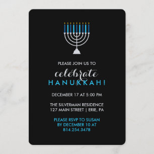 Hanukkah Celebration with Silver Menorah on Black Invitation