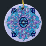 Hanukkah Ceramic Tree Decoration<br><div class="desc">Blues of all shades, lilac and lavender in a flower shape with a knotted six-sided star in the centre is a great way to celebrate Hanukkah and express your individuality at the same time.</div>