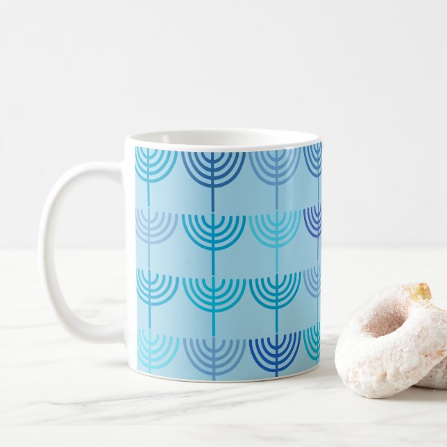 Hanukkah Chanukah Chanukkiah Menorah Pattern Blue Coffee Mug (With Donut)