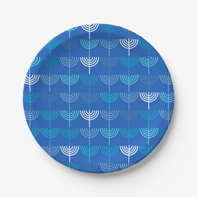 Hanukkah Chanukah Chanukkiah Menorah Pattern Blue Paper Plate (Front)