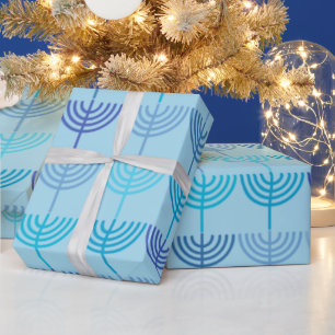 Hanukkah Chanukah Chanukkiah Menorah Pattern Blue Wrapping Paper