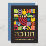 Hanukkah Chanukah Menorah Jewish Stars Dreidel Holiday Card<br><div class="desc">Hanukkah / Chanukah Colourful Modern Geometric Pattern Card with Faux Gold Foil. Menorah, Dreidel, Doughnuts, Stars & Olive oil... They are all here. Hebrew & Jewish Hanukkah Symbols Space to add your personalised text on the front & reverse. Happy Hanukkah wishes. Hebrew on the front says "Chanukah". This upscale, beautiful,...</div>