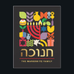 Hanukkah Chanukah Menorah Jewish Stars Dreidel  Holiday Postcard<br><div class="desc">Hanukkah / Chanukah Colourful Modern Geometric Pattern Card with Faux Gold Foil. Menorah, Dreidel, Doughnuts, Stars & Olive oil... They are all here. Hebrew & Jewish Hanukkah Symbols Space to add your personalised text. Happy Hanukkah wishes. Hebrew on the front says "Chanukah". This upscale, beautiful, look, is a great way...</div>