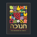 Hanukkah Chanukah Menorah Jewish Stars Dreidel  Holiday Postcard<br><div class="desc">Hanukkah / Chanukah Colourful Modern Geometric Pattern Card with Faux Gold Foil. Menorah, Dreidel, Doughnuts, Stars & Olive oil... They are all here. Hebrew & Jewish Hanukkah Symbols Space to add your personalised text. Happy Hanukkah wishes. Hebrew on the front says "Chanukah". This upscale, beautiful, look, is a great way...</div>