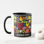Hanukkah Chanukah Menorah Personalised Mug<br><div class="desc">Hanukkah / Chanukah Colourful Modern Geometric Pattern Mug with Menorah, Dreidel, Doughnuts, Stars & Olive oil. Hebrew & Jewish Hanukkah Symbols Space to add your personalised text. Happy Hanukkah wishes. This upscale, beautiful, look, is a great gift to wish friends, family, and clients, a very Happy Hanukkah/Chanukah. If you want...</div>
