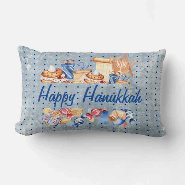 Hanukkah Chanukah Menorah Watercolor Blue Pattern Lumbar Cushion (Front)