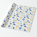 Hanukkah Chanukkah Menorah Star Wrapping Paper<br><div class="desc">A Hanukkah pattern featuring a menorah candelabra,  Star of David,  Driedel and Jewish Kippa or Yamaka.  The colour scheme is light blue,  dark blue and gold.</div>