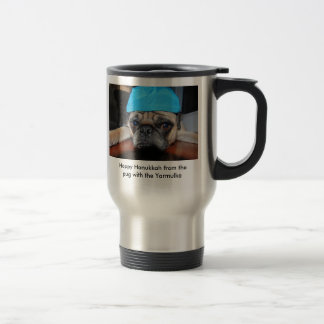 Hanukkah coffe cup with pug on it with Yarmulke
