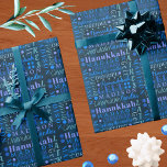 Hanukkah Collage Dark Blue Cool Cute Childs Name Wrapping Paper<br><div class="desc">Create your own custom Hanukkah wrapping paper in this cute dark blue word collage featuring your child's name that celebrates the holiday. Easy to personalise, just add your child's name into the text template and watch it fill into the deep blue typography design. The Chanukah theme includes latkes, dreidels, gelt...</div>