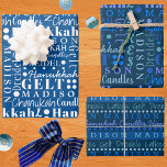 Hanukkah Collage Dark Blue Cute Add Childs Name Wrapping Paper Sheet<br><div class="desc">Personalise this assortment of cute Hanukkah wrapping paper sheets in dark blue and white in a word collage design where you can add your child's name for one of a kind Chanukah gift wrap. The easy to use text template makes it simple to add your kid's name or your last...</div>