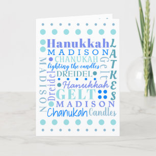Hanukkah Collage Light Blue Cool Childs Name Holiday Card