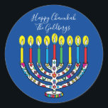 Hanukkah Colourful Menorah Hanukiah Classic Round Sticker<br><div class="desc">Colourful, Happy Chanukah, Hanukiah Stickers Round. Have fun using these stickers as cake toppers, gift tags, envelope seals, favour bag closures, or whatever rocks your festivities! Personalise by deleting text and adding your own words, using your favourite font style, size, and colour. Background colour can be changed out, too! Thanks...</div>
