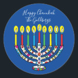 Hanukkah Colourful Menorah Hanukiah Classic Round Sticker<br><div class="desc">Colourful, Happy Chanukah, Hanukiah Stickers Round. Have fun using these stickers as cake toppers, gift tags, envelope seals, favour bag closures, or whatever rocks your festivities! Personalise by deleting text and adding your own words, using your favourite font style, size, and colour. Background colour can be changed out, too! Thanks...</div>