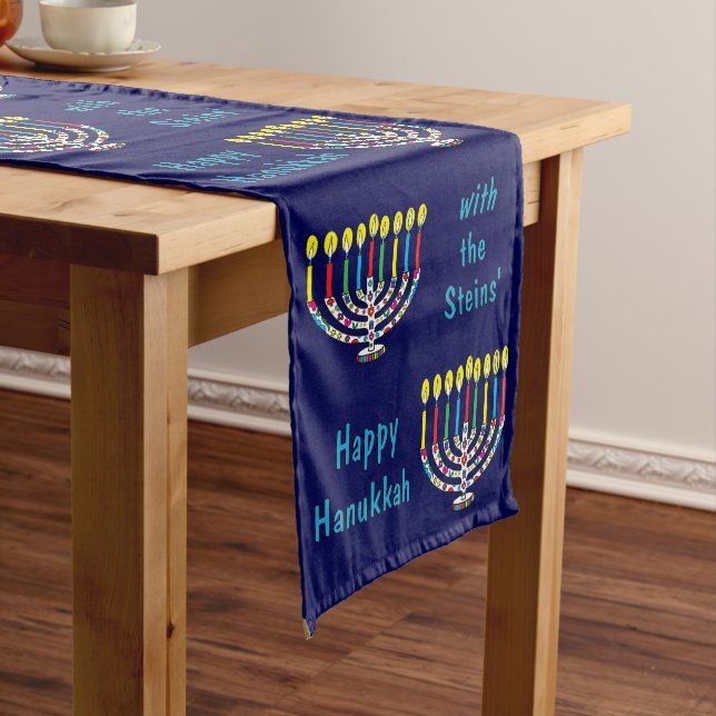 Hanukkah Colourful Menorahs Long Table Runner (In Situ)
