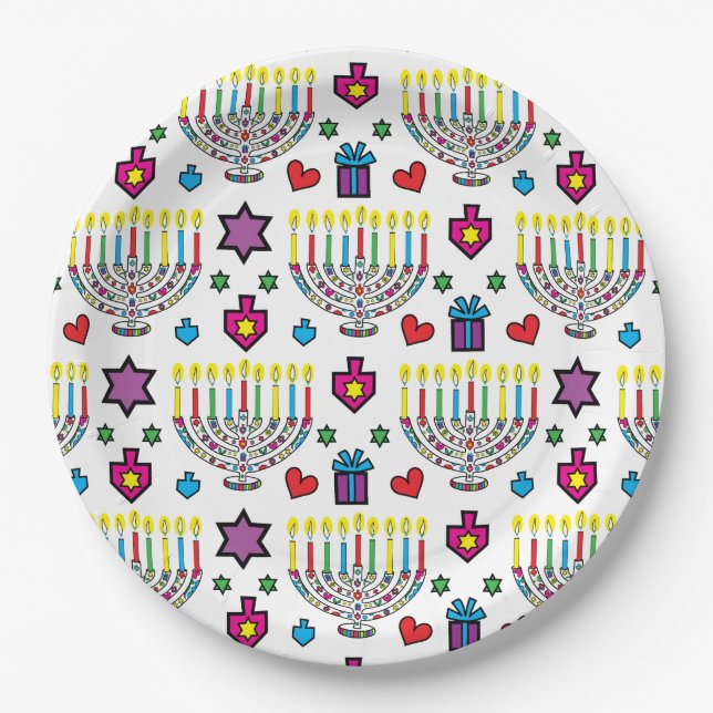 Hanukkah Colourful Menorahs Paper Plate (Front)