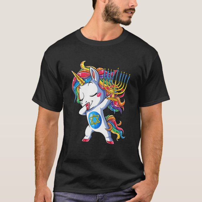 Hanukkah Dabbing Unicorn Jewnicorn Chanukah Jewish T-Shirt (Front)