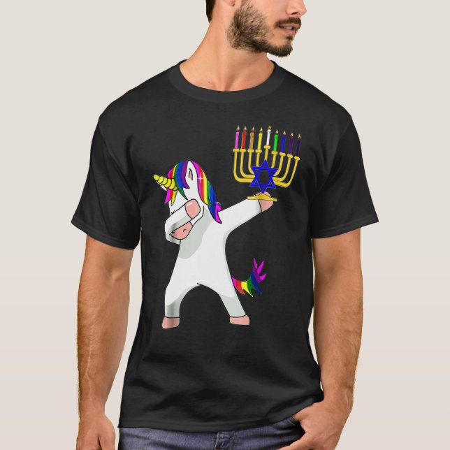 Hanukkah Dabbing Unicorn Jewnicorn Chanukah Jewish T-Shirt (Front)