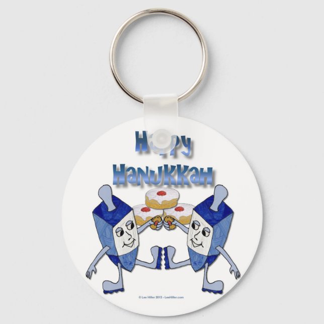 Hanukkah Dancing Dreidels and Jelly Donuts Key Ring (Front)