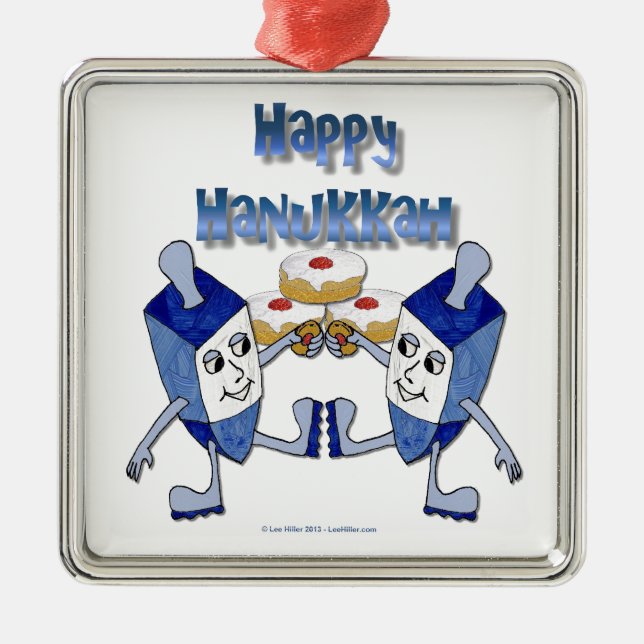Hanukkah Dancing Dreidels and Jelly Doughnuts Metal Tree Decoration (Front)