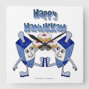Hanukkah Dancing Dreidels and Jelly Doughnuts Square Wall Clock