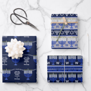 Hanukkah Dark Blue Menorah Monogram Assortment Wrapping Paper Sheet