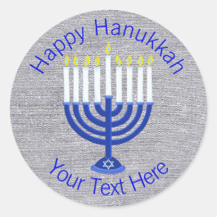 Hanukkah Dark Blue Menorah On Faux Silver Cute Classic Round Sticker