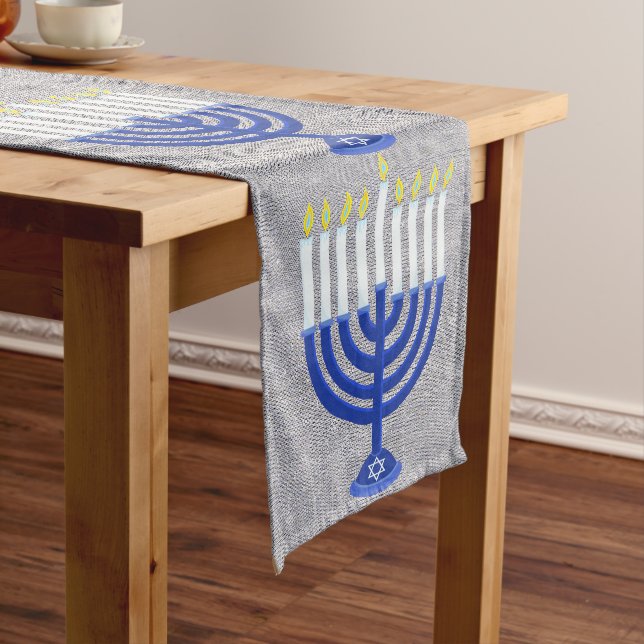 Hanukkah Dark Blue Menorah Silver Holiday Decor Long Table Runner (In Situ)