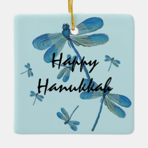 Hanukkah Delicate Blue Dragonfly Original Painting Ceramic Ornament