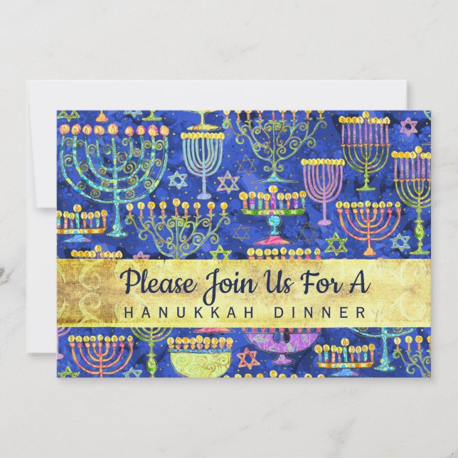 Hanukkah Dinner Gold Blue Menorah Star of David Invitation (Front)