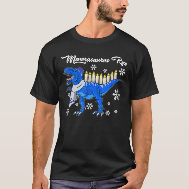 Hanukkah Dinosaur Menorasaurus T Rex Dino Chanukah T-Shirt (Front)