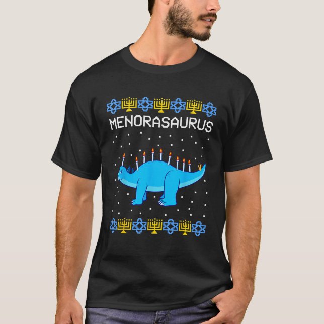 Hanukkah Dinosaur Menorasaurus Ugly Sweater Funny  (Front)