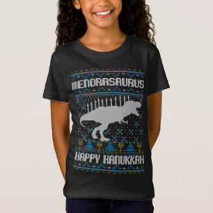 Hanukkah Dinosaur T rex Menorah Ugly Christmas Swe T-Shirt