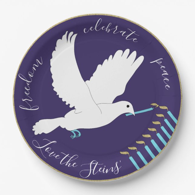 Hanukkah Dove Design Paper Plate (Front)