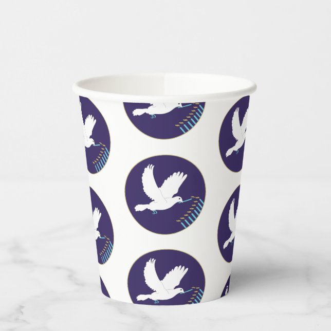 Hanukkah Dove Menorah Design 8 oz. Paper Cups (Left)