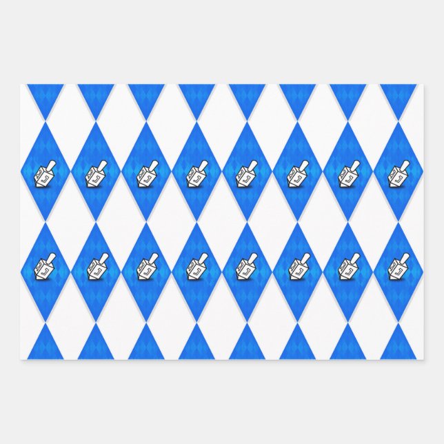 Hanukkah Dreidel Argyle Pattern Wrapping Paper Sheet (Front)