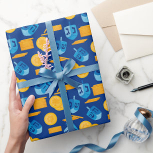 Hanukkah Dreidel Game Gelt Dark Blue Wrapping Paper
