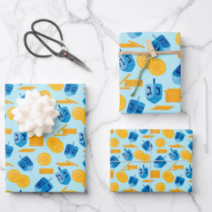 Hanukkah Dreidel Game Gelt Dark Blue Wrapping Paper Sheet