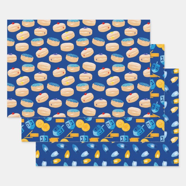 Hanukkah Dreidel, Gelt, Sufganiyot, String Lights Wrapping Paper Sheet (Set)