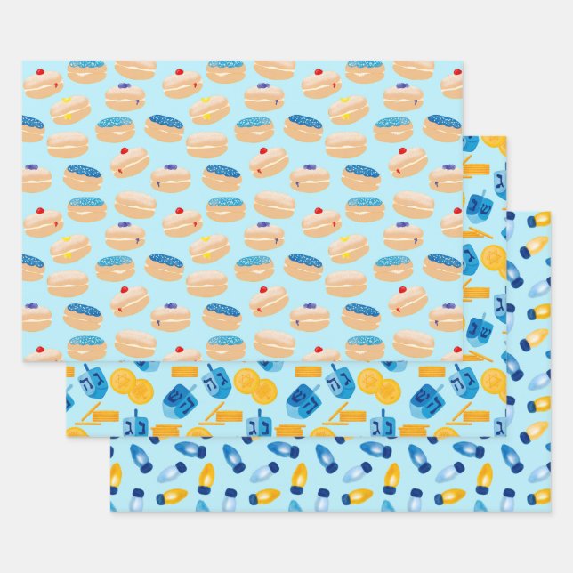 Hanukkah Dreidel, Gelt, Sufganiyot, String Lights Wrapping Paper Sheet (Set)