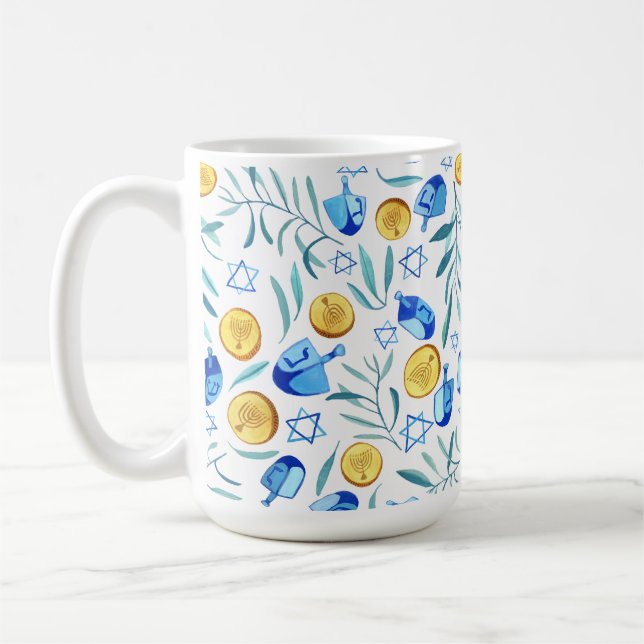 Hanukkah Dreidel Jewish Holiday Pattern Coffee Mug (Left)
