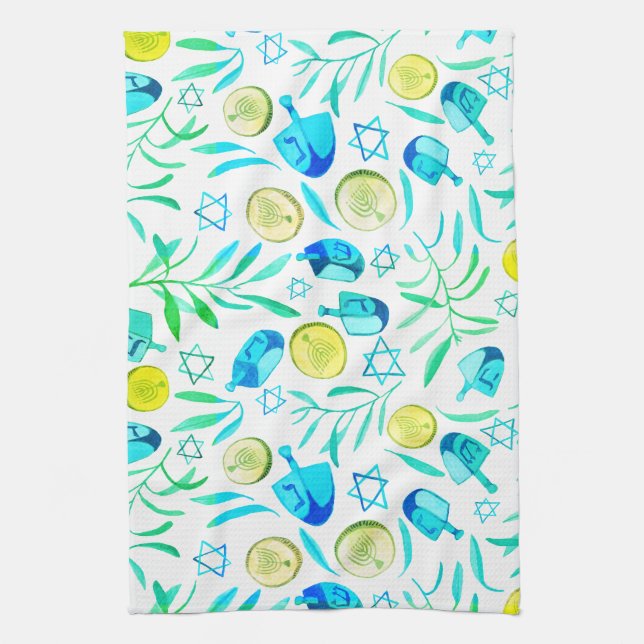 Hanukkah Dreidel Jewish Holiday Pattern Tea Towel (Vertical)