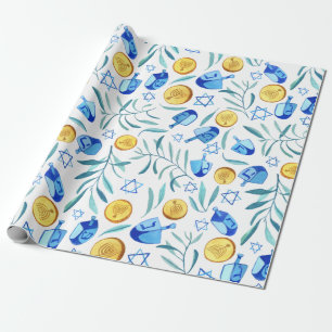 Hanukkah Dreidel Jewish Holiday Pattern Watercolor Wrapping Paper